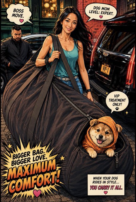 A comic book-style advertisement featuring a woman carrying a massive black bag with a dog inside, with text bubbles reading 'BOSS MOVE.', 'DOG MOM LEVEL: EXPERT.', 'VIP TREATMENT ONLY!', 'BIGGER BAG. BIGGER LOVE.', 'MAXIMUM COMFORT!', and 'WHEN YOUR DOG RIDES IN STYLE... YOU CARRY IT ALL.'