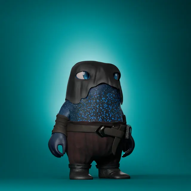 A 3D rendered character with a black mask/helmet, blue sparkly body, brown pants, and belt stands against a teal background.
