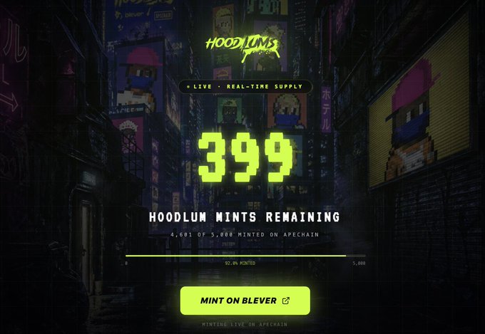 A dark promotional graphic for 'HOODLUMS' showing '399 HOODLUM MINTS REMAINING' with 92.8% minted and a 'MINT ON BLEVER' button.