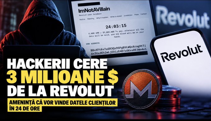A news thumbnail in Romanian showing a hooded hacker with a countdown timer at 24:03:15, threatening to sell Revolut customer data, with text 'HACKERII CERE 3 MILIOANE $ DE LA REVOLUT' (Hackers demand $3 million from Revolut).