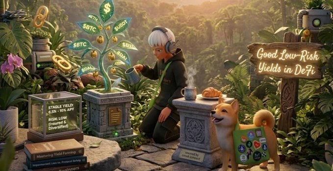 A young farmer tends to a glowing plant with leaves labeled "$BTC," "$USDT," and "$USDC" in a lush jungle setting, accompanied by a Shiba Inu dog, while nearby signs advertise "STABLE YIELD 4.3% - 10% APY" with "Risk-Low" and a wooden sign reading "Good Low-Risk Yields in DeFi."

The image visually represents the post's theme of stablecoin yield farming, illustrating how investors can "hug" their USDC/USDT holdings to earn passive 4.3-10% APY returns through low-risk DeFi protocols while waiting for crypto market conditions to improve.