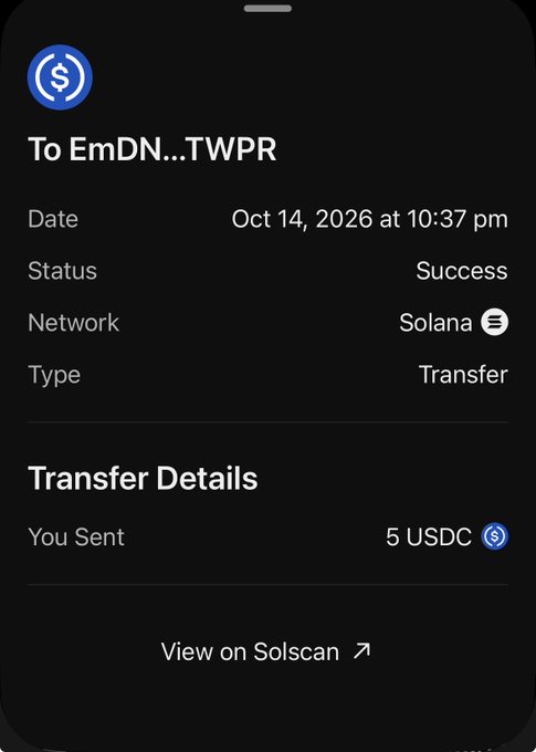 A mobile wallet confirmation for sending 5 USDC to "EmDN...TWPR" on the Solana network, dated Oct 14, 2026.