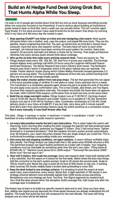 The image displays an infographic titled "Build an AI Hedge Fund Desk Using Grok Bot; That Hunts Alpha While You Sleep," presenting a numbered 5-step guide with technical instructions for building algorithmic trading agents using the Grok Bot platform.

The graphic directly supports the post's caption about constructing an AI-powered hedge fund using "Grok Bots" by providing a concrete, step-by-step blueprint covering infrastructure setup, sentiment analysis integration, signal filtering, risk hedging with stop-losses, and portfolio diversification—essentially serving as the visual "Full Guide" referenced in the accompanying text.