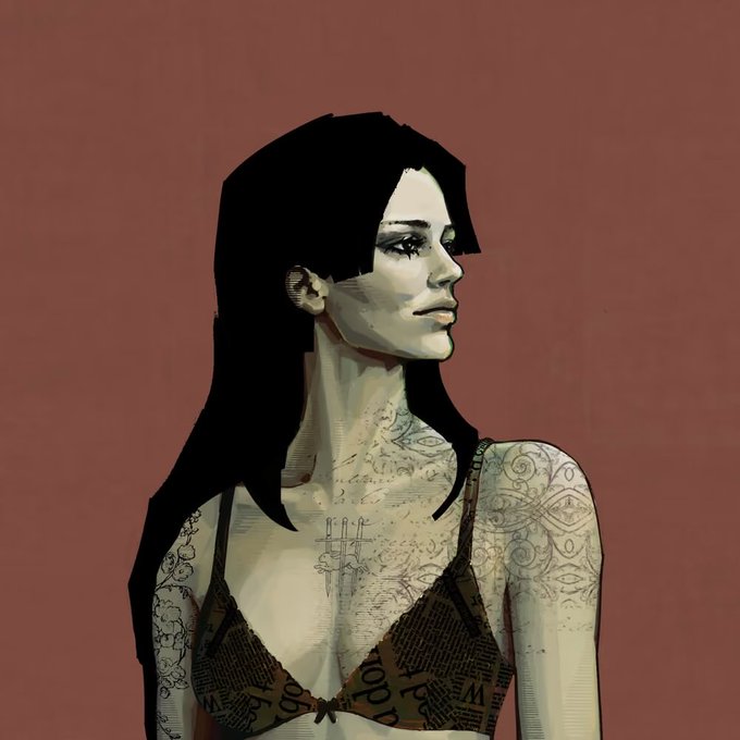 A stylized illustrated portrait of a dark-haired woman with intricate tattoos across her chest and arms, wearing a newspaper-text print bralette against a muted red background, matching the "Nice and Clean" aesthetic referenced from @SherwoodNFTs.