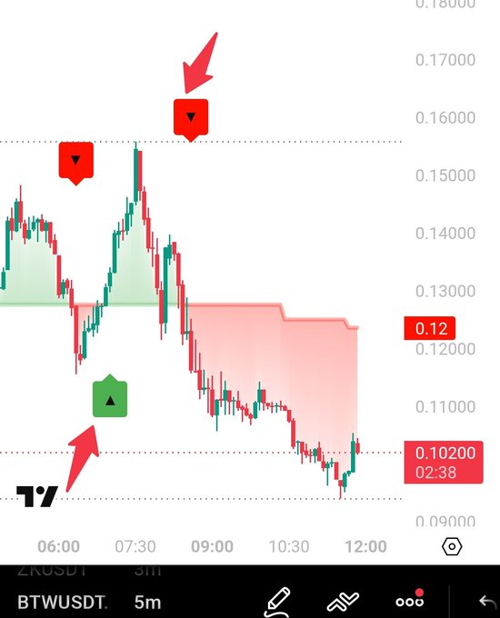 The image depicts a graph that displays trading signals from a chart tracking a stock's price movements over a 5-minute period. The chart shows an upward trend with a red line indicating positive movement, while other lines indicate negative or flat patterns. 
In the context of this image and its associated post, it suggests that a person should pay attention to these trading signals for potential opportunities in buying low and selling high within specific time frames to optimize their profits using this strategy.
