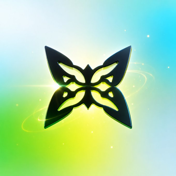 A stylized black butterfly-like emblem with glowing yellow-green accents set against a bright gradient background of yellow, green, and blue.