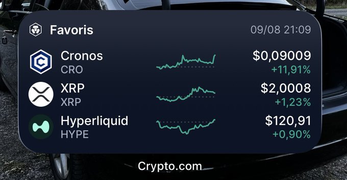 A Crypto.com 'Favoris' watchlist displaying cryptocurrency prices and charts for Cronos (CRO) at $0.09009 (+11.91%), XRP at $2.0008 (+1.23%), and Hyperliquid (HYPE) at $120.91 (+0.90%) dated 09/08 21:09.