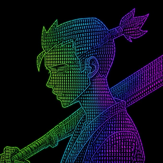 A neon rainbow-colored ASCII art profile of a character with a spiked hair and sword, made entirely of letters and symbols like "Z" and "S," visually representing the digital/crypto NFT theme promoted in the post for the free mint collection.