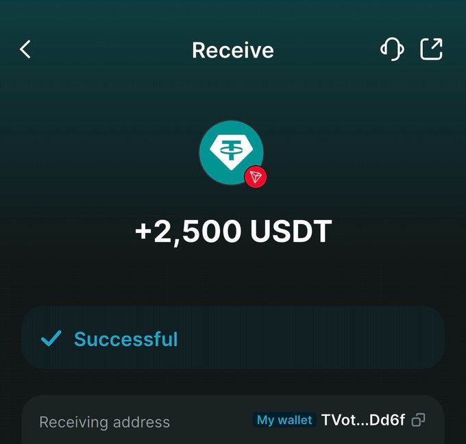 A cryptocurrency wallet app displays a successful transaction receiving '+2,500 USDT' from an address labeled 'TVot...Dd6f' on the Tether (USDT) network.