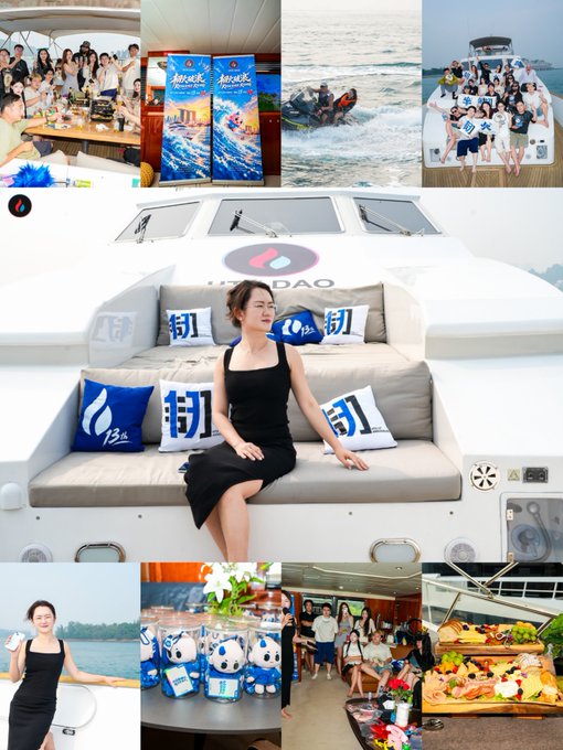 A collage of photos showing a corporate or DAO team outing, featuring a woman in a black dress posing on a yacht branded with 'HIT DAO,' along with group photos, boating activities, food spreads, and branded merchandise.