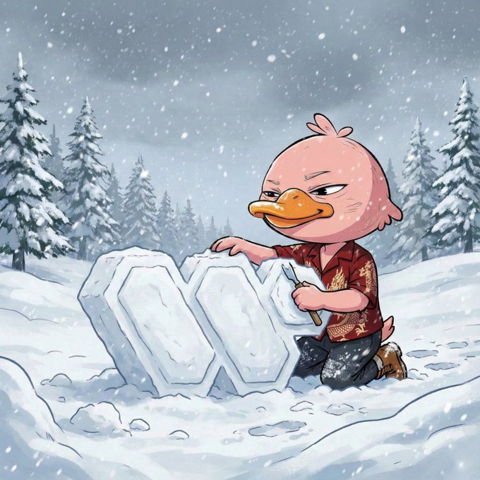 The image features a cartoon duck standing in the snow, holding a knife and carving out a snowman shape from a large block of snow. The scene takes place outdoors during wintertime, with trees visible in the background. The post about the creator's acceptance rate emphasizes that getting selected is not just about having the biggest account or following someone; it's also about being chosen among many other applicants who have applied for the same opportunity.