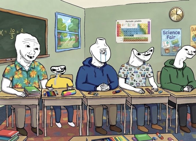 A cartoon classroom of various meme characters (Wojak figures) sitting at desks with school supplies, featuring a chalkboard equation "X = 10/3 ÷ 2," a "Periodic ymebis" poster, and a "Science Fair" sign, humorously illustrating the "750 retards in the waiting room" joke from the accompanying crypto promotion.