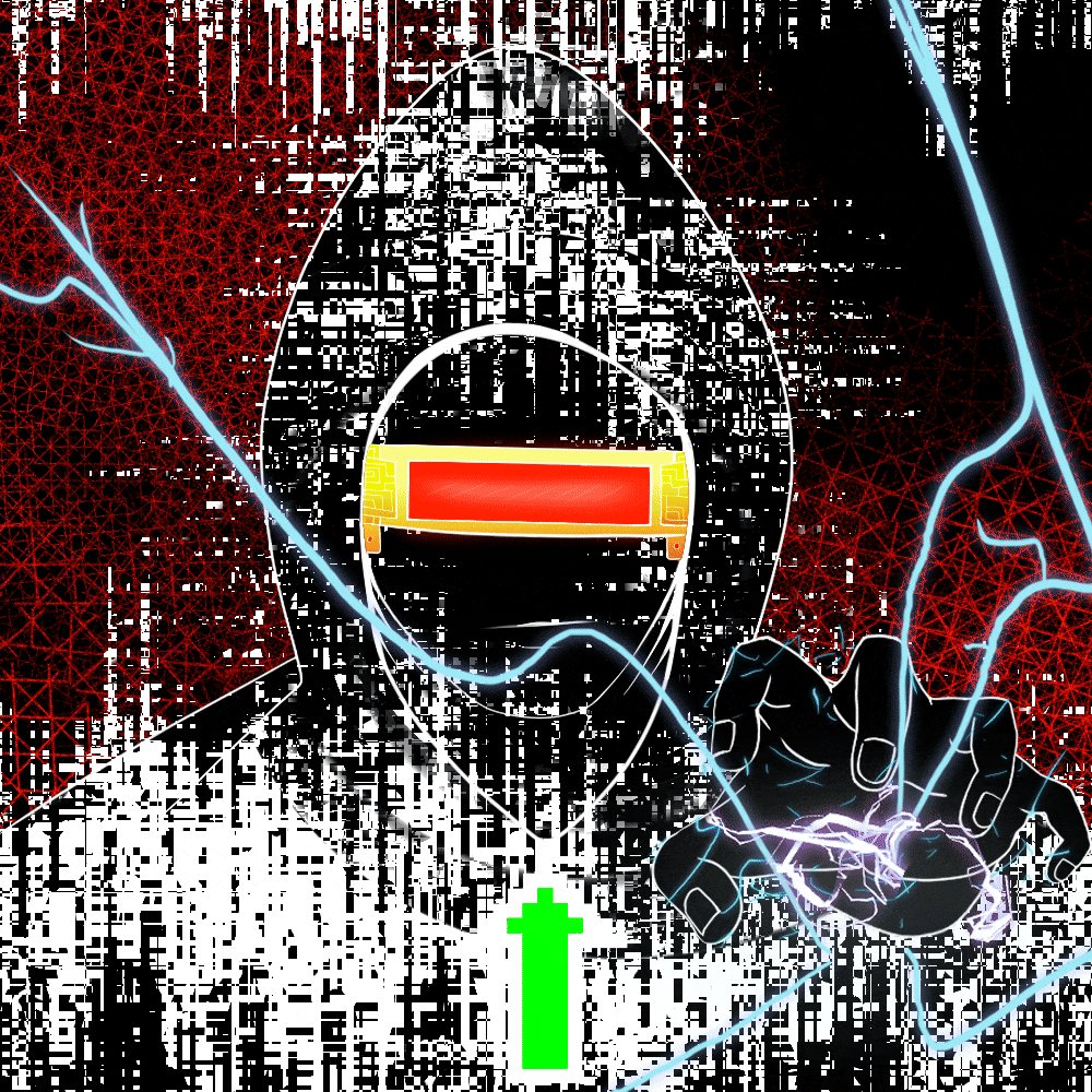 The image features a digital art piece depicting a person wearing a hoodie with a futuristic design that includes a red light over their eyes. The person appears to be holding a large green arrow pointing towards them, giving the impression of an imminent danger or threat looming ahead. The background of the image is black and filled with various shapes and lines, contributing to the overall dramatic effect.

The post related to this artwork reads: "Rekt Ink just sold for 0.00789889999 ETH (ETH) on @Inkonchain !!! Keep buying, keep farming". This statement implies that the artist's work has gained significant value and is now available for purchase at a certain cost. The artist might be using this money to fund their creative endeavors or invest in other projects within the digital art community.