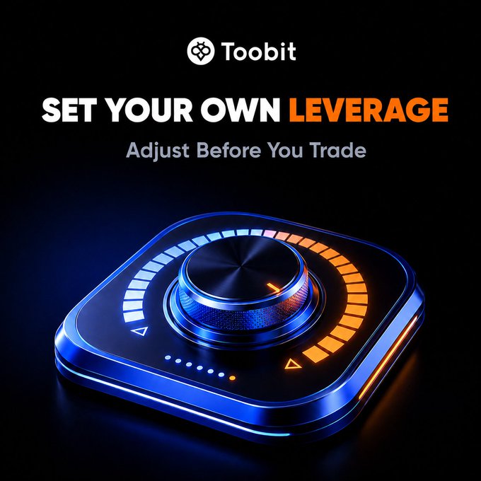 A promotional graphic for 'Toobit' features the text 'SET YOUR OWN LEVERAGE' in white and orange, and 'Adjust Before You Trade' in gray, above a glowing blue and orange control knob with a level indicator.