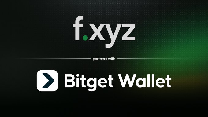 The image features a partnership announcement with "f.xyz" displayed prominently at the top and "partners with Bitget Wallet" below, set against a dark green gradient background. The graphic visually supports the post by illustrating the integration of f.xyz with Bitget Wallet, aligning with the mention of the wallet becoming "sentient" to execute trades based on user prompts.