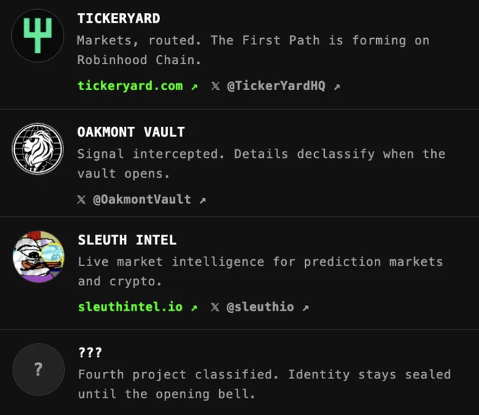 The image displays a list of four special crypto projects, including Tickeryard (tickeryard.com / @TickeryardHQ), Oakmont Vault (@OakmontVault), Sleuth Intel (sleuthintel.io / @sleuthio), and a fourth mystery project labeled "???" with a sealed identity. It relates to the post by highlighting upcoming launches over 96 hours, including Sleuth Intel, which already has a live real-time prediction markets and crypto intelligence product, while another project remains classified until its "opening bell."