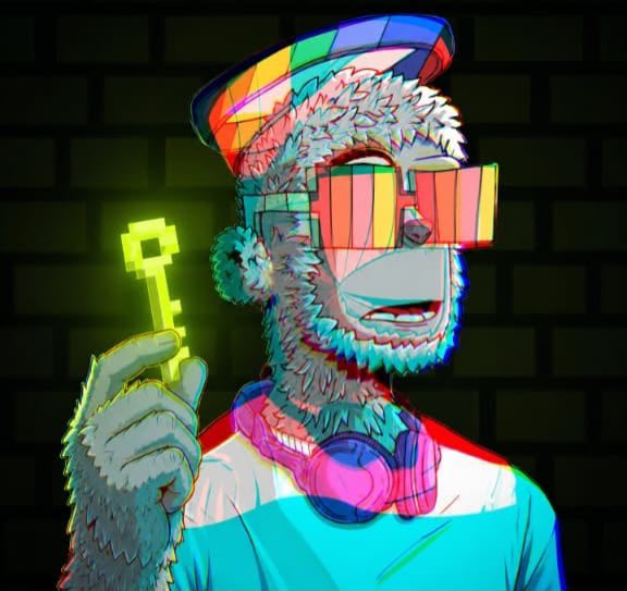 A colorful illustrated character with a multicolored cap, rainbow shutter shades, headphones around the neck, and a beard holds up a glowing green pixelated key against a brick wall background.