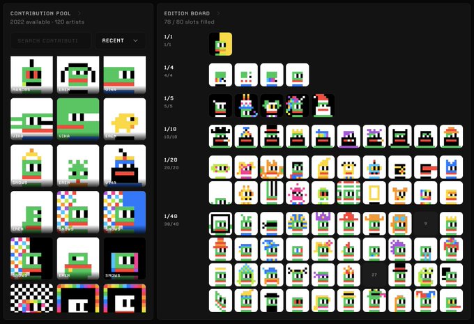 The image displays the Opepen Edition Board with "78 / 80 slots filled" and a contribution pool of "120 artists," showcasing various pixelated character collectibles in a grid layout. The 1/41 rarity tier shows 38/40 minted, reflecting the strong community participation and sell-out performance praised in the caption.