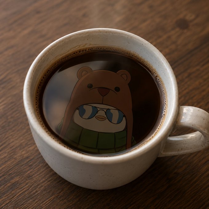 A ceramic mug of black coffee on a wooden table, featuring a cute cartoon brown bear face with sunglasses and a green sweater floating in the foam.