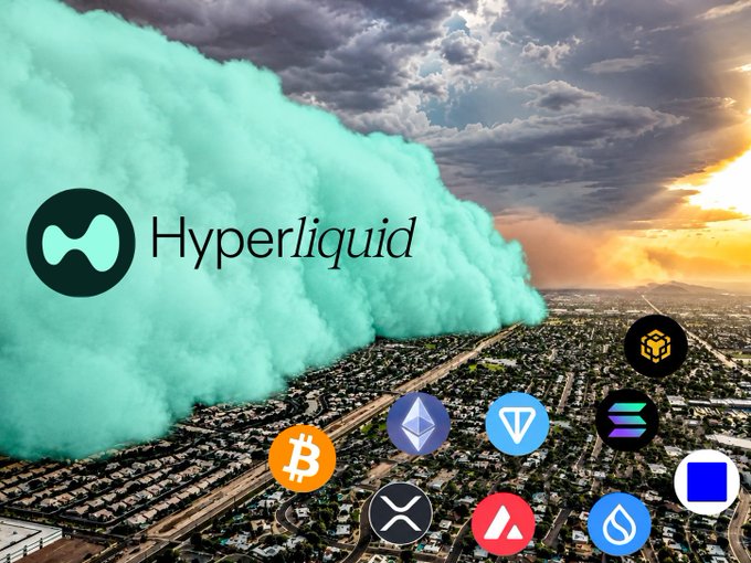 A dramatic teal smoke cloud looms over a suburban landscape, overlaid with the Hyperliquid logo and cryptocurrency icons (Bitcoin, Ethereum, BNB, Solana, and others), visually representing the post's message that "Hyperliquid era starts here" as an emerging force in the crypto space.