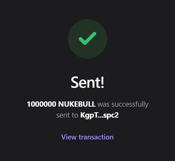 A confirmation screen showing "Sent!" with a green checkmark indicates that 1,000,000 NUKEBULL was successfully sent to the wallet address starting with "KgpT...spc2," with a "View transaction" link below—aligning with the airdrop post's promise of 1,000,000 NUKEBULL tokens distributed to wallets on Solana.