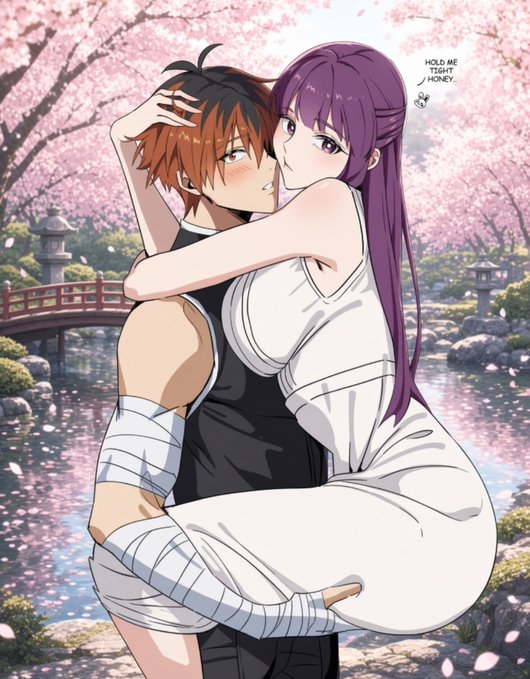 Anime artwork showing a purple-haired woman in a white dress hugging an orange-haired man with bandages, set against cherry blossoms with the text 'HOLD ME TIGHT HONEY.'