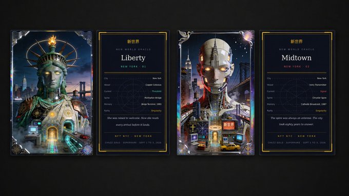 Four tarot-style oracle cards titled 'Liberty' and 'Midtown' from a 'New World Oracle' set, describing fictional New York City neighborhoods.