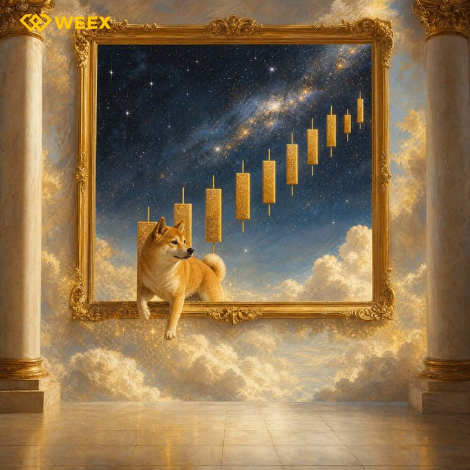 A Shiba Inu leaps from an ornate gold-framed cosmic window, with rising gold candlestick bars ascending diagonally across a starry Milky Way sky above clouds, visually representing $SHIB's bullish market momentum. The "WEEX" logo appears in the upper left corner.