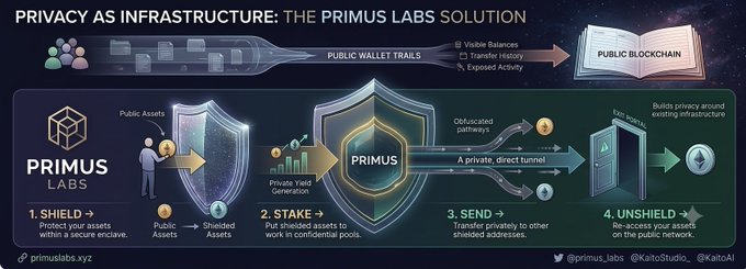 An infographic titled 'PRIVACY AS INFRASTRUCTURE: THE PRIMUS LABS SOLUTION' illustrates a four-step process (Shield, Stake, Send, Unshield) for protecting crypto assets, with handles @primus_labs, @KaitoStudio, and @KaitoAI listed at the bottom.