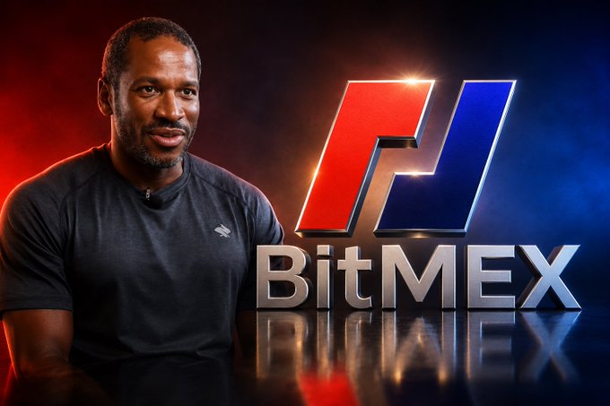 A man in a dark athletic shirt stands beside the BitMEX logo against a red and blue gradient background. The image accompanies a breaking announcement about BitMEX shutting down, urging users to withdraw their XRP and other assets from the platform.
