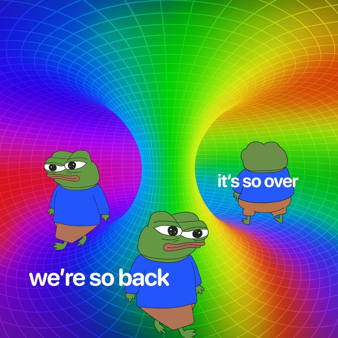 A vibrant psychedelic rainbow background features three Pepe the Frog characters in blue shirts, with the front-facing one captioned "we're so back" and the turned-away one captioned "it's so over," humorously capturing the post's playful sentiment of embracing a ridiculous good day by reinventing the classic "it's so over / we're so back" meme cycle.