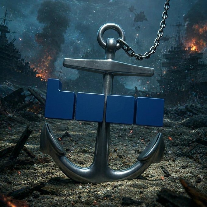 A metallic anchor with the LinkedIn logo rests against a backdrop of war-torn ships and burning wreckage.