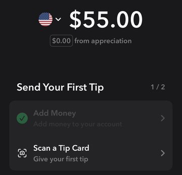 A mobile app screen showing a $55.00 balance with a US flag icon, prompting 'Send Your First Tip' with options to 'Add Money' or 'Scan a Tip Card'.