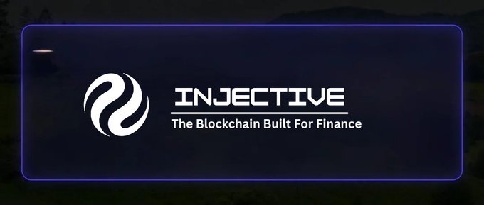 A promotional banner displays the Injective logo with the tagline 'The Blockchain Built For Finance' against a dark background with a glowing blue border.