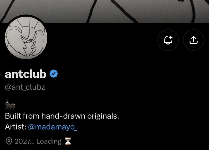 The image shows a Twitter/X profile for "antclub" (@ant_clubz) with a verified badge, featuring a cracked egg-like logo and a bio stating "Built from hand-drawn originals. Artist: @madamayo_" along with "2027... Loading ". The accompanying post introduces this as an Alpha release, aligning with the profile's promotional, launch-focused aesthetic and the artist's hand-drawn NFT collection teased by the "Loading" countdown.
