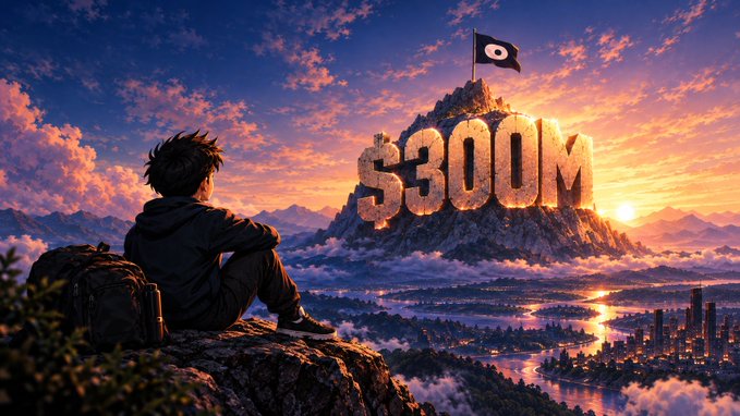 An anime-style illustration of a young person sitting on a cliff at sunset, gazing at a mountain displaying '$300M' with a black flag featuring a skull logo.