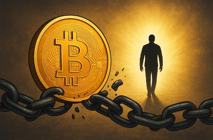 A large Bitcoin symbol breaks free from a heavy chain, symbolizing freedom and independence. This image visually represents the idea that Bitcoin operates without needing external authorization, aligning with the post's message.