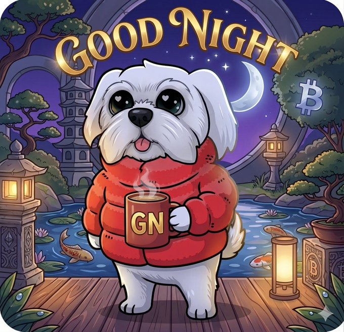 An illustrated 'GOOD NIGHT' image of a white fluffy dog wearing a red puffer jacket and holding a mug with 'GN' on it, set in a Japanese garden with a Bitcoin symbol, koi pond, and pagoda under a starry night sky.