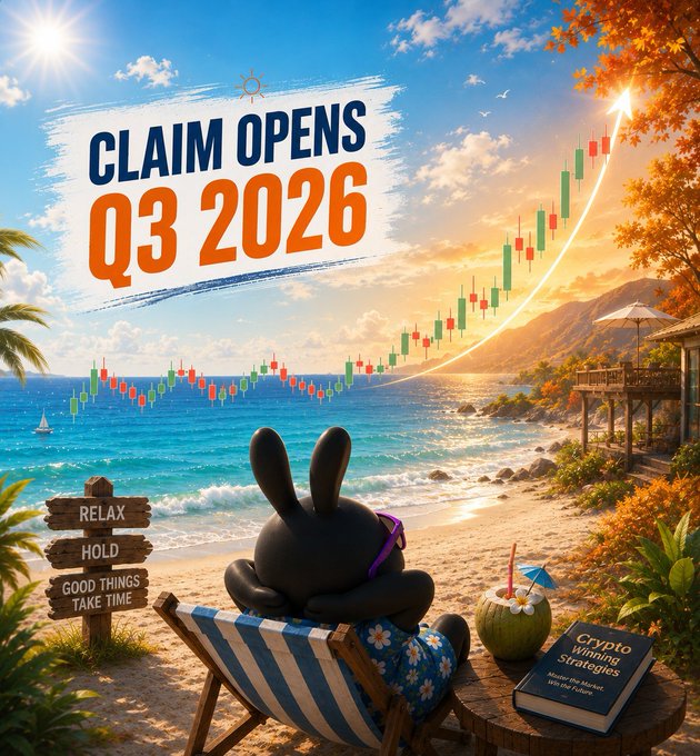 A promotional graphic for 'CLAIM OPENS Q3 2026' featuring a cartoon bunny relaxing on a beach chair overlooking the ocean, with candlestick trading charts, a coconut drink, a 'Crypto Winning Strategies' book, and a wooden sign reading 'RELAX HOLD GOOD THINGS TAKE TIME'.