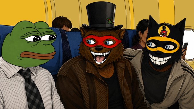 An illustrated airplane interior scene shows three characters seated together: a green Pepe the Frog figure in a white shirt and tie, a furry character in a top hat with a red domino mask, and a cat-like figure in a black and yellow mask.