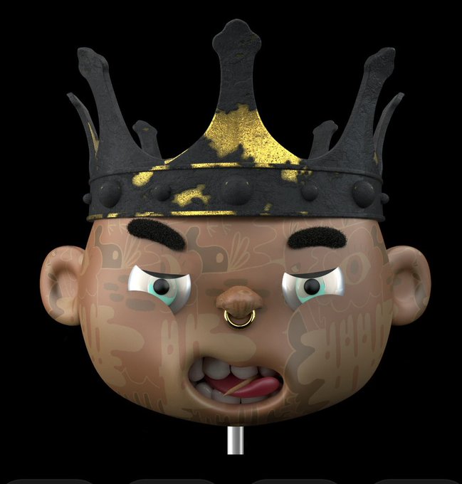 3D render of a stylized character head with a large nose ring, tongue sticking out, patterned skin texture, and a weathered black and gold crown on a black background.