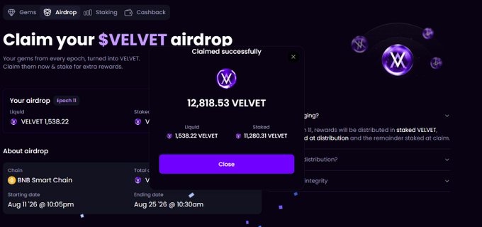 The image shows a successful airdrop claim popup for 12,818.53 VELVET tokens (including 1,538.22 liquid and 11,280.31 staked) from Velvet Capital's Epoch II airdrop on BNB Smart Chain, which ended on Aug 26 @ 10:30am. This relates to the post as the user celebrates receiving substantial VELVET rewards, with the auto veVELVET staking feature supporting long-term holders as mentioned in their testimonial.