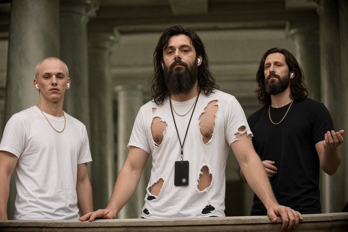 Three men stand together in a classical building with columns; the central figure has long hair and a beard and wears a heavily distressed white t-shirt.