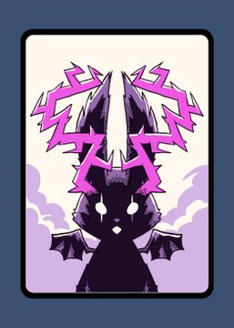 A stylized illustration on a card showing a dark horned creature with bat-like wings surrounded by jagged pink and purple lightning bolts against a pale background.