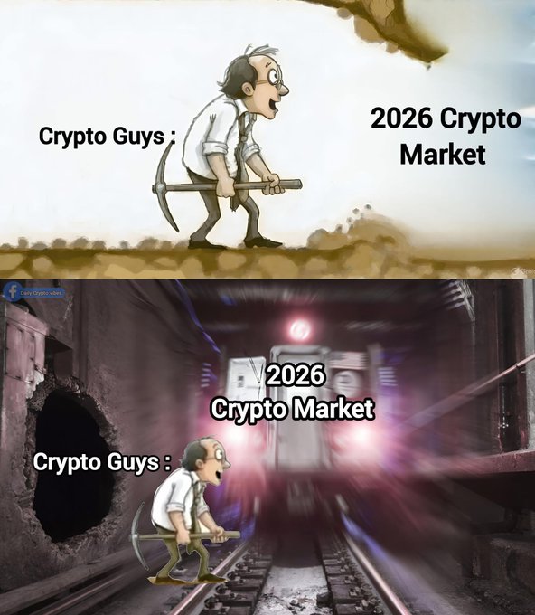 A two-panel meme showing a cartoon man walking with a pickaxe labeled 'Crypto Guys' approaching '2026 Crypto Market', depicted first as a cliff face and then as a speeding train.