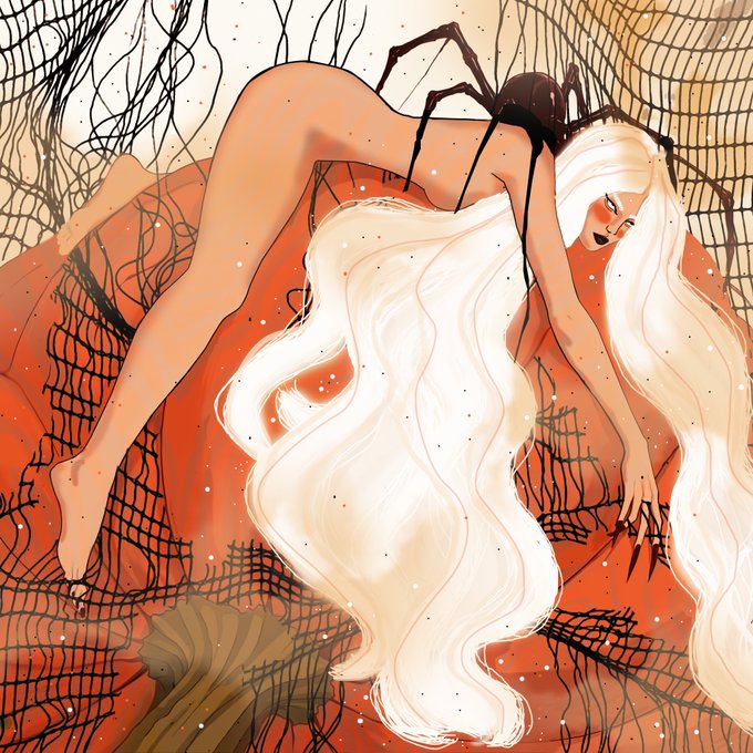 An illustration of a woman with flowing white hair and a spider-like figure intertwined amidst spiderwebs in an orange and white scene.