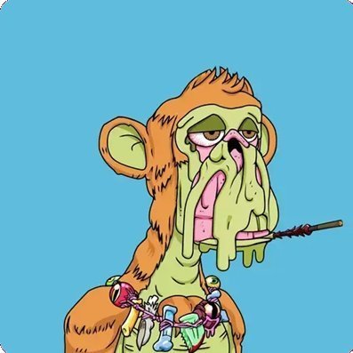 A cartoon illustration of a grotesque orange monkey-like creature with green drool hanging from its mouth, pierced ears, and a spiked accessory, set against a solid blue background.