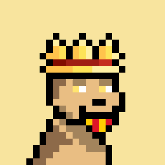 Pixel art of a crowned character with a crown, mustache, and red collar against a pale yellow background.