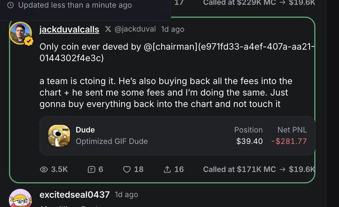 A screenshot of an X (Twitter) post from user 'jackduvalcalls' (@jackduval) discussing a crypto token called 'Dude' (Optimized GIF Dude), showing a position of $39.40 and a Net PNL of -$281.77.