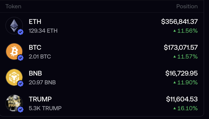 The image shows a portfolio of cryptocurrency holdings: 129.34 ETH ($356,841.37, +11.56%), 2.01 BTC ($173,071.57, +11.57%), 20.97 BNB ($16,729.95, +11.90%), and 5.3K TRUMP ($11,604.53, +16.10%), all marked with verified checkmarks and showing positive gains. The post highlights this trader's strategy of sticking to major cryptocurrencies (ETH, BTC, BNB) alongside the TRUMP token, with all positions currently in profit.